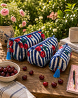 Blue Cherry Stripe Cotton Handblocked Quilted Pouch