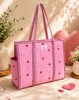 Pink Heart Stripe Cotton Quilted Tote Bag