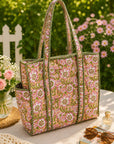 Beige Bloom & Vine Cotton Quilted Tote Bag