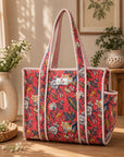 Coral Bloom Handblocked Cotton Quilted Tote Bag