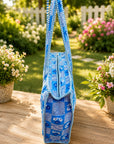 Sky-Blue Grid Cotton Quilted Floral Tote Bag