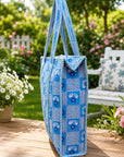 Sky-Blue Grid Cotton Quilted Floral Tote Bag