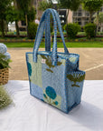 Blue Leafy Checked Tote