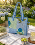 Blue Leafy Checked Tote