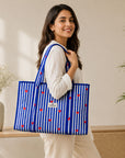 Blue Heart Stripe Large Cotton Handblocked Tote Bag