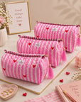 Pink Heart Stripe Cotton Quilted Pouch Set With Tassel