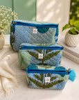 Blue Leafy Check Pouch Set