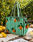 Green-Stripe Lemon Cotton Quilted Tote Bag