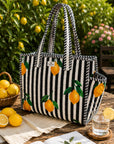 Black-Stripe Lemon Cotton Quilted Tote Bag