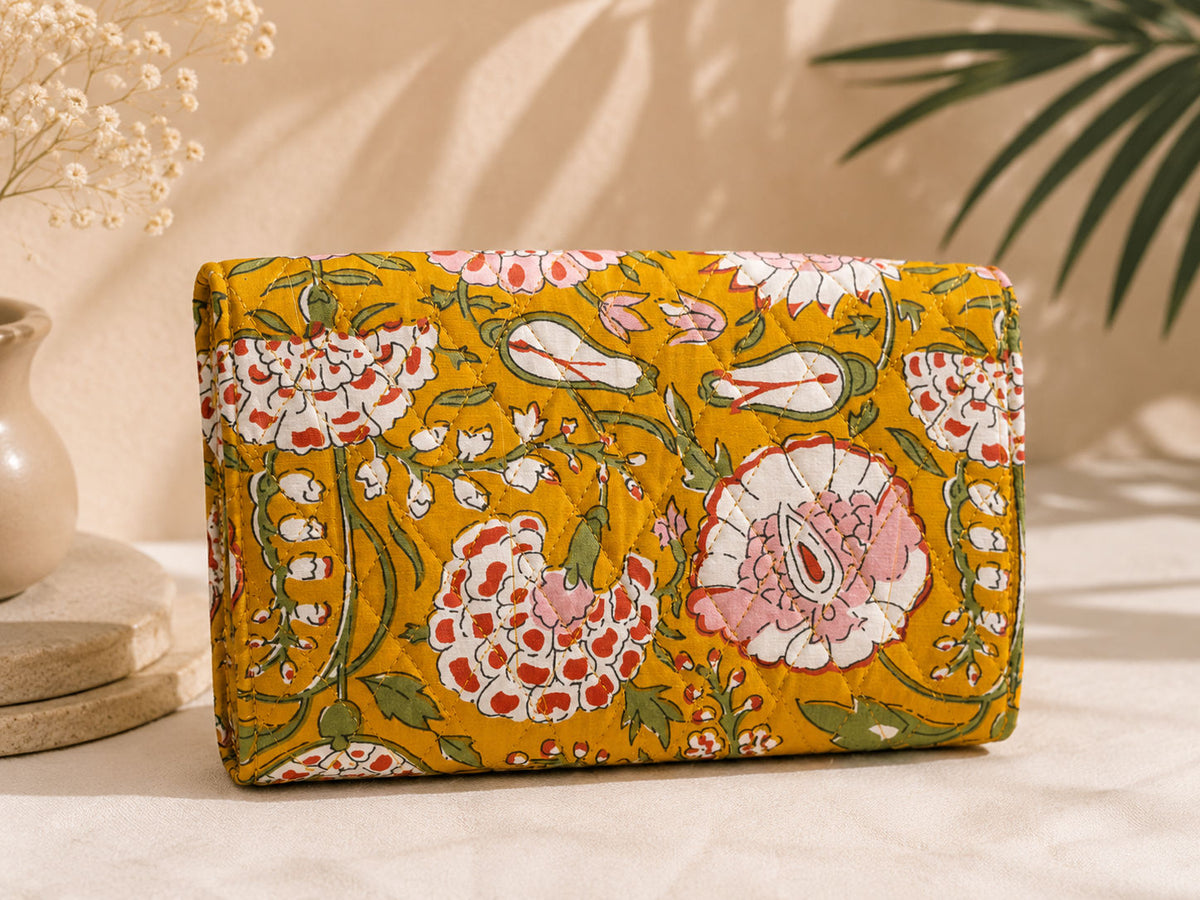 Mustard Bloom Structured Cotton Quilted Clutch For Women