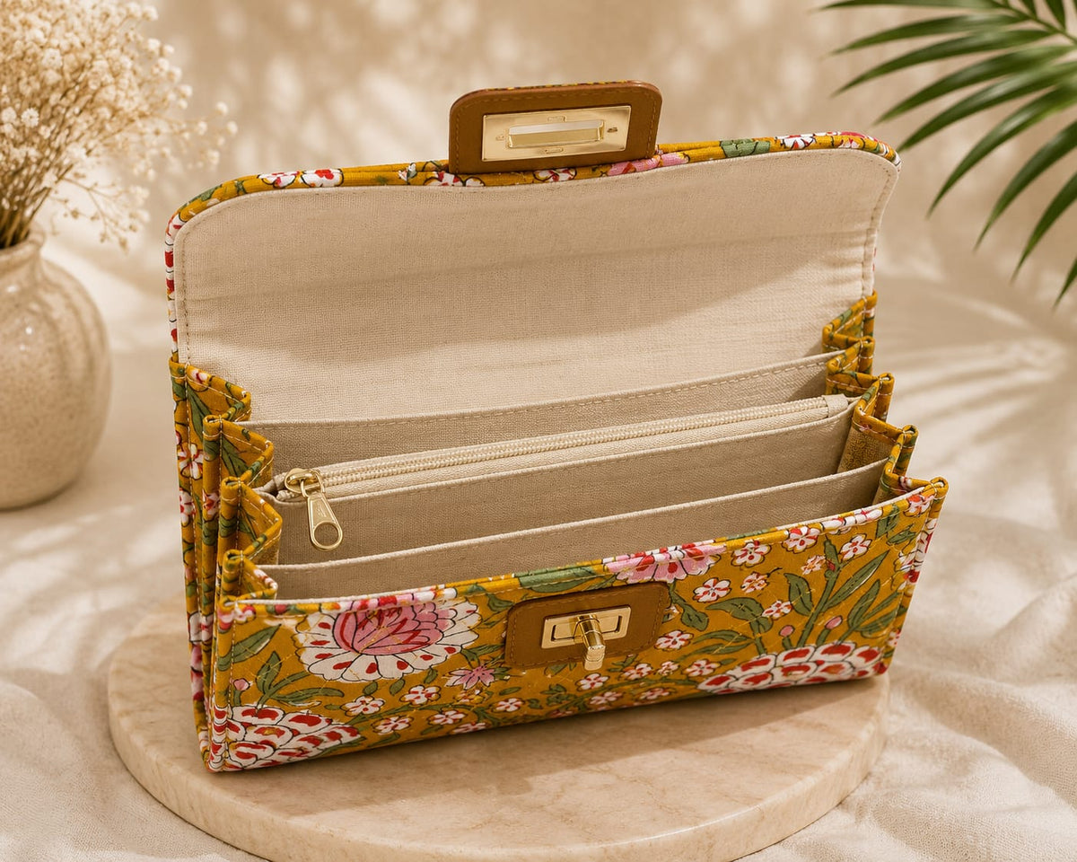 Mustard Bloom Structured Cotton Quilted Clutch For Women