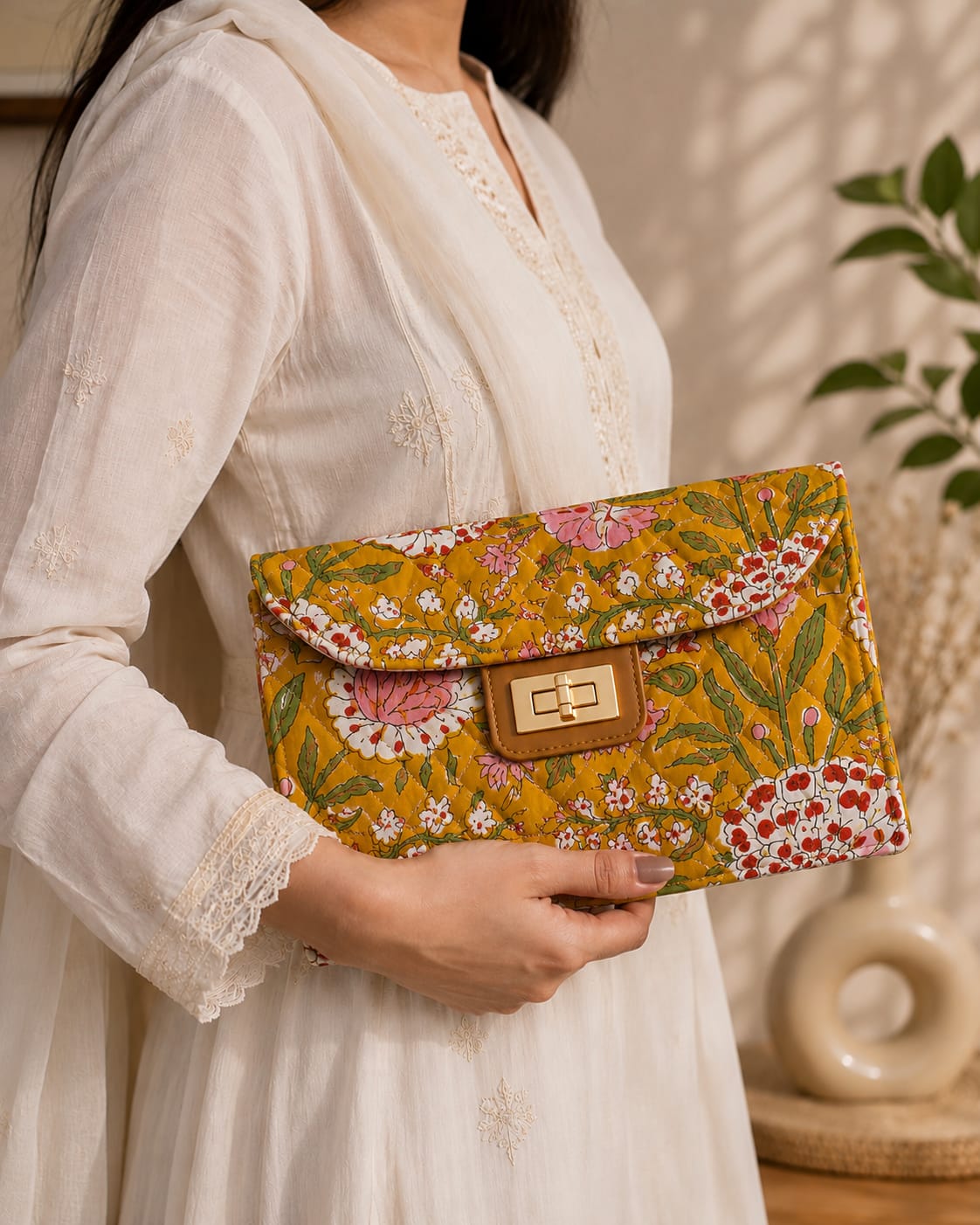 Mustard Bloom Structured Cotton Quilted Clutch For Women