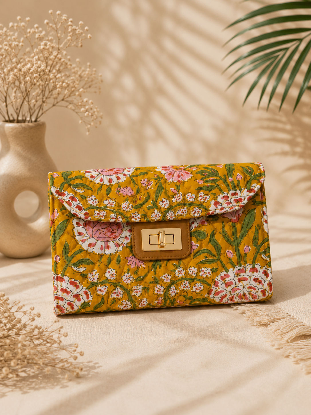 Mustard Bloom Structured Cotton Quilted Clutch For Women