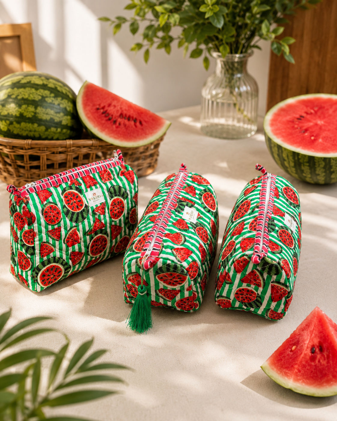 Watermelon Cotton Quilted Pouch Set Of 3 with Tassel