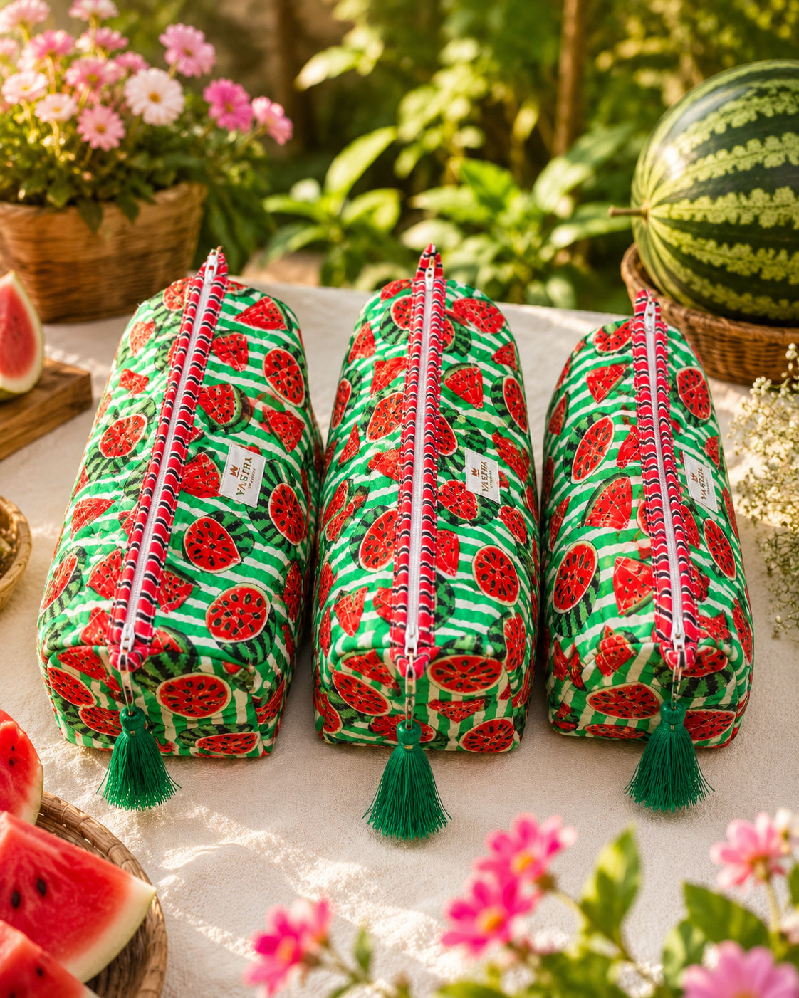Watermelon Cotton Quilted Pouch Set Of 3 with Tassel
