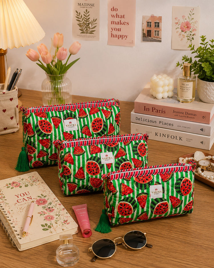 Watermelon Cotton Quilted Pouch Set Of 3 with Tassel