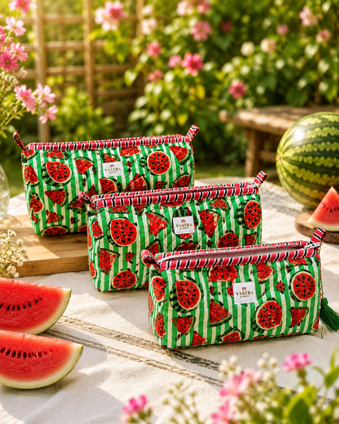 Watermelon Cotton Quilted Pouch Set Of 3 with Tassel