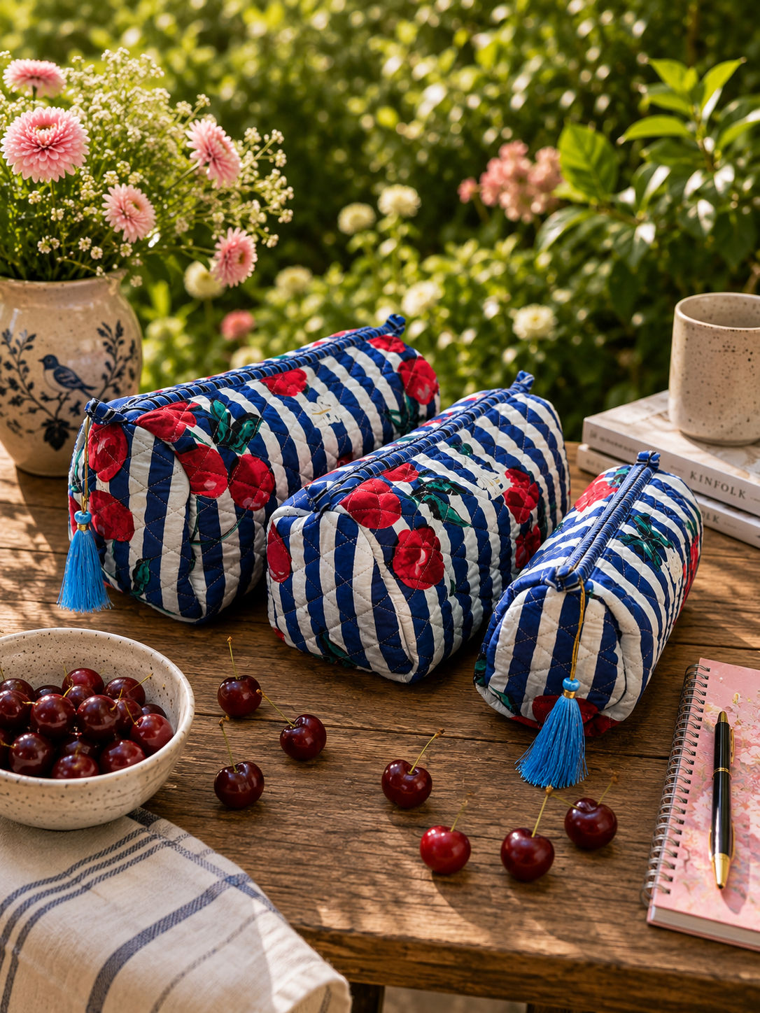 Blue Cherry Stripe Cotton Handblocked Quilted Pouch