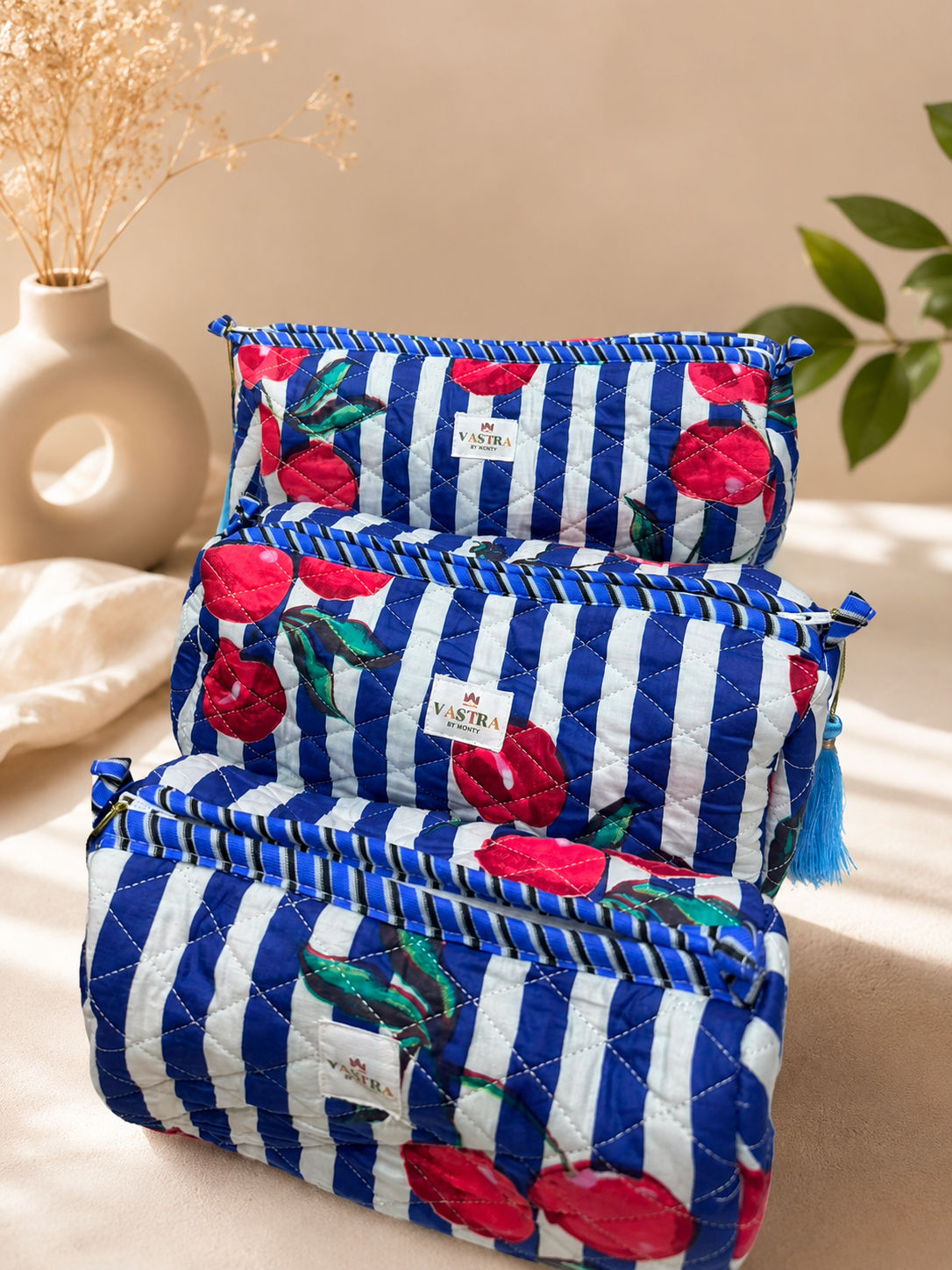 Blue Cherry Stripe Cotton Handblocked Quilted Pouch