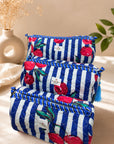 Blue Cherry Stripe Cotton Handblocked Quilted Pouch