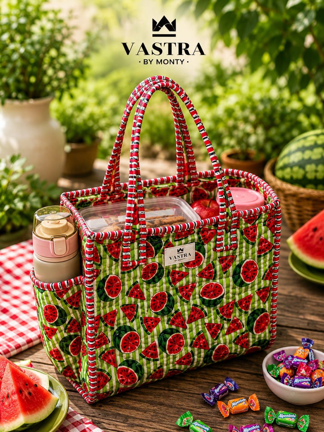 Green Watermelon Cotton Quilted Tote Bag