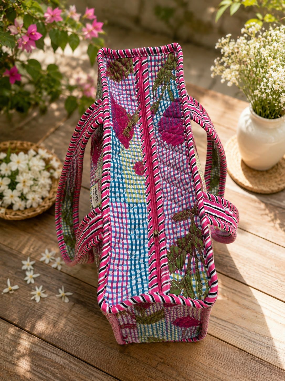 Floral Botanical Checked Tote Bag