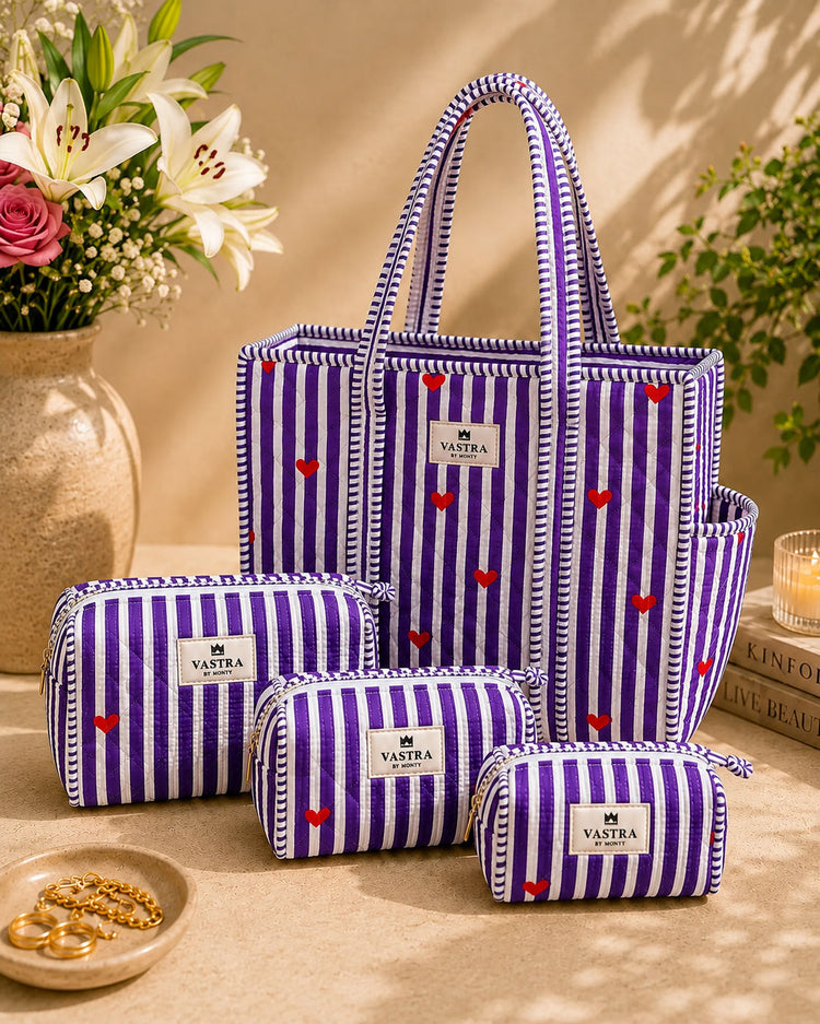 Purple Heart Stripe Tote Bag And Pouch Combo By Vastra By Monty