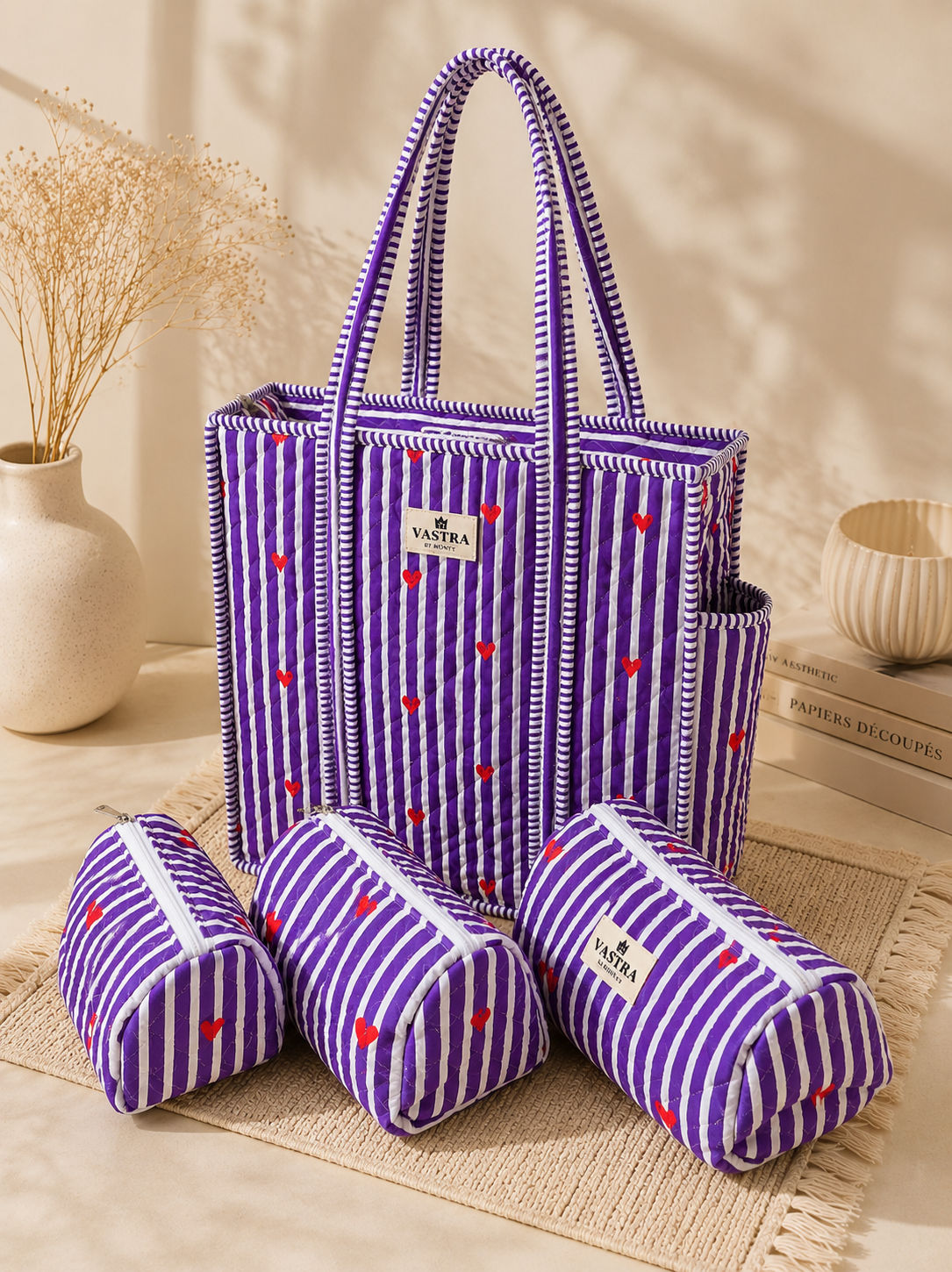 Purple Heart Stripe Tote Bag And Pouch Combo By Vastra By Monty