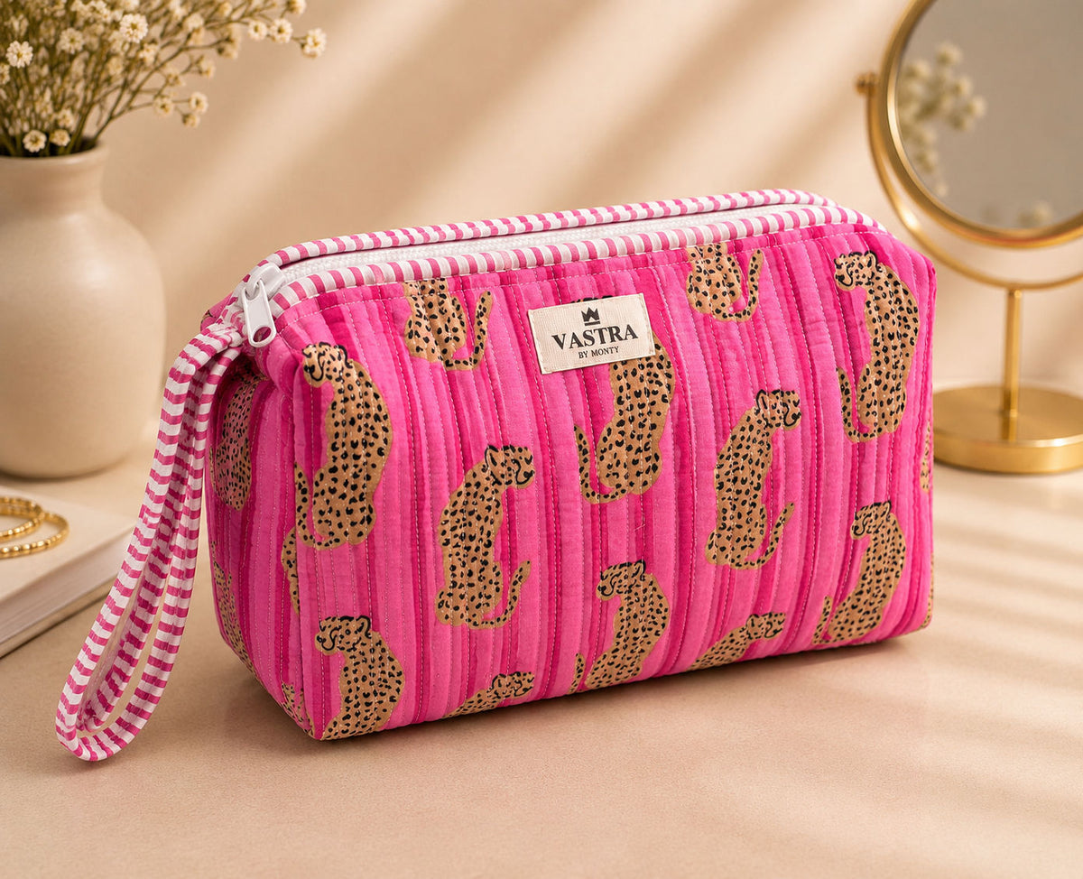 Signature Vanity & Tool Organizer — Pink Stripe Leapord Handblocked Cotton Quilted