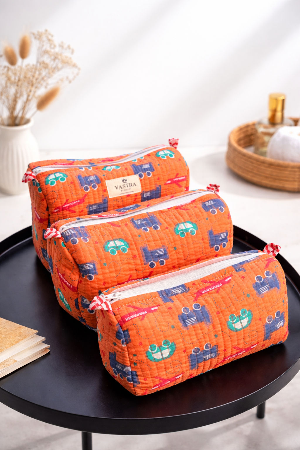 Orange Playful Wheels Handblocked Quilted Cotton Pouch