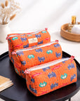 Orange Playful Wheels Handblocked Quilted Cotton Pouch