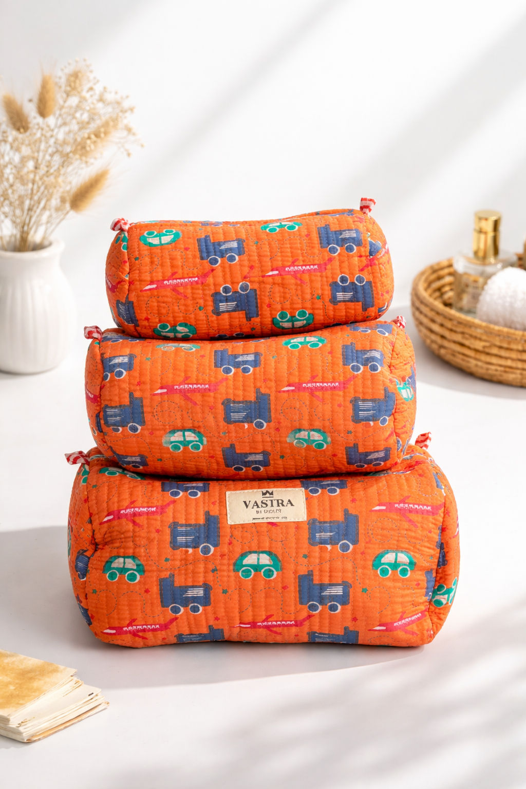 Orange Playful Wheels Handblocked Quilted Cotton Pouch