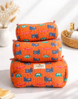 Orange Playful Wheels Handblocked Quilted Cotton Pouch