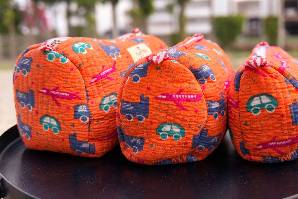 Orange Playful Wheels Handblocked Quilted Cotton Pouch