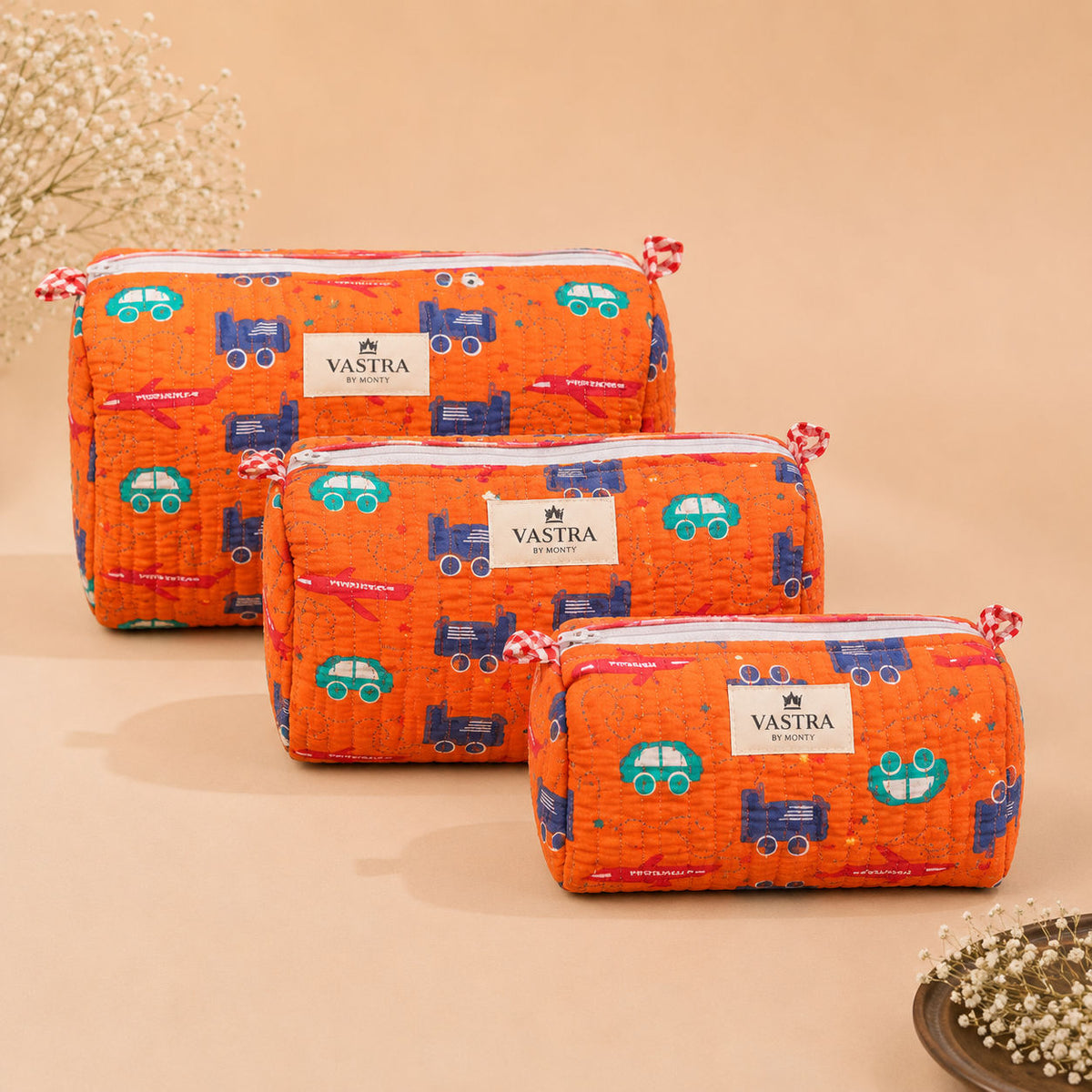 Orange Playful Wheels Handblocked Quilted Cotton Pouch
