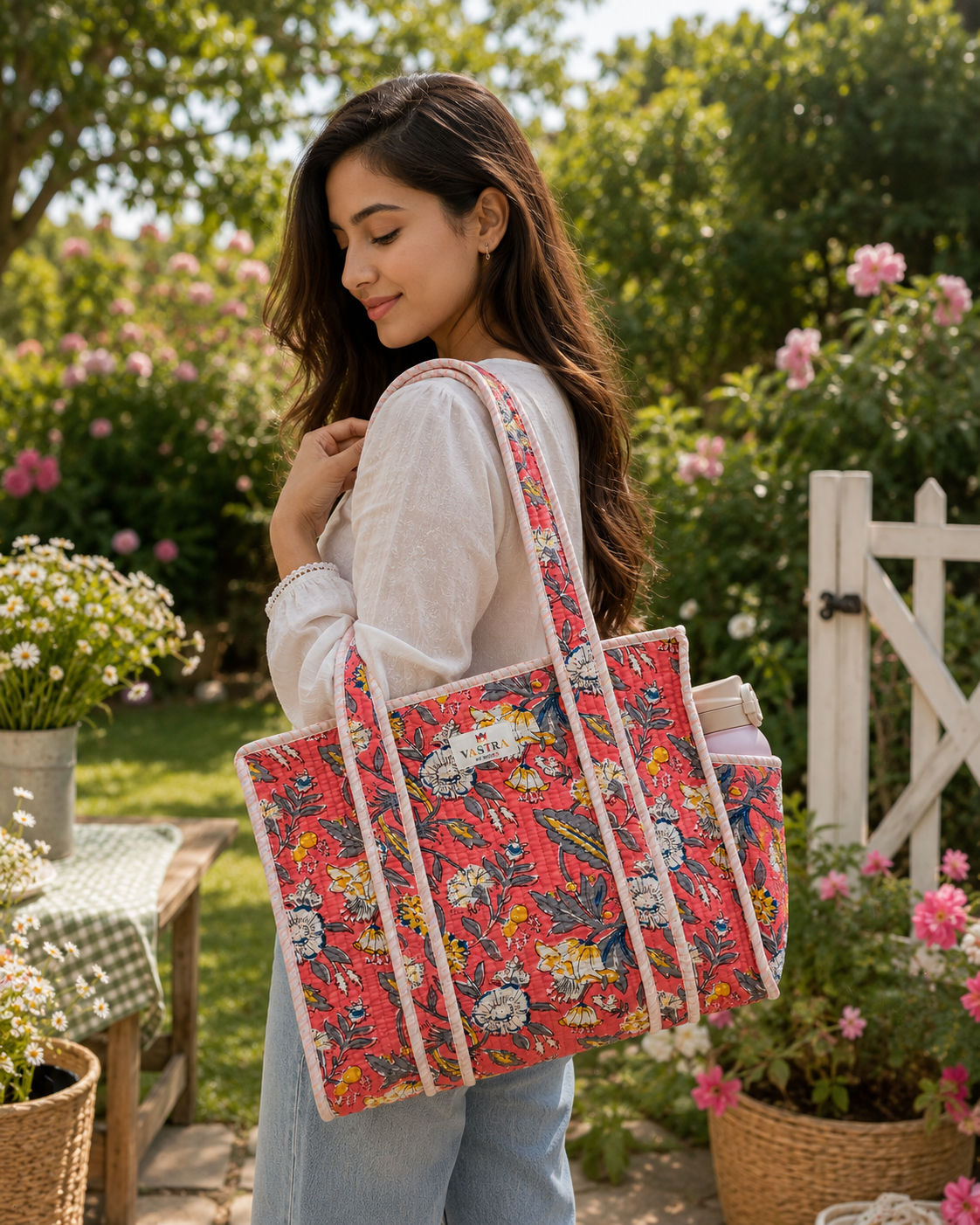 Coral Bloom Handblocked Cotton Quilted Tote Bag