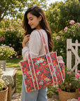 Coral Bloom Handblocked Cotton Quilted Tote Bag