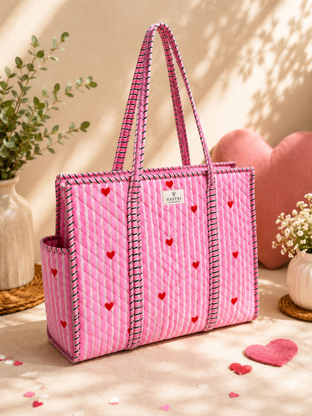 Pink Heart Stripe Cotton Quilted Tote Bag
