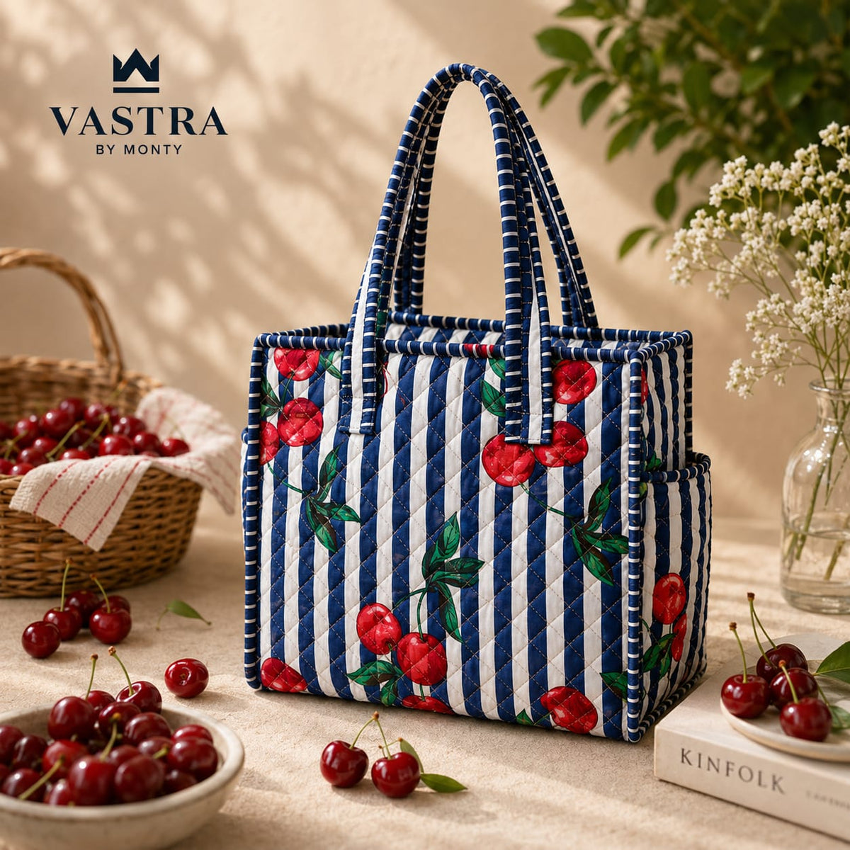 Blue-Stripe Cherry Cotton Quilted Small Tote Bag By Vastra By Monty