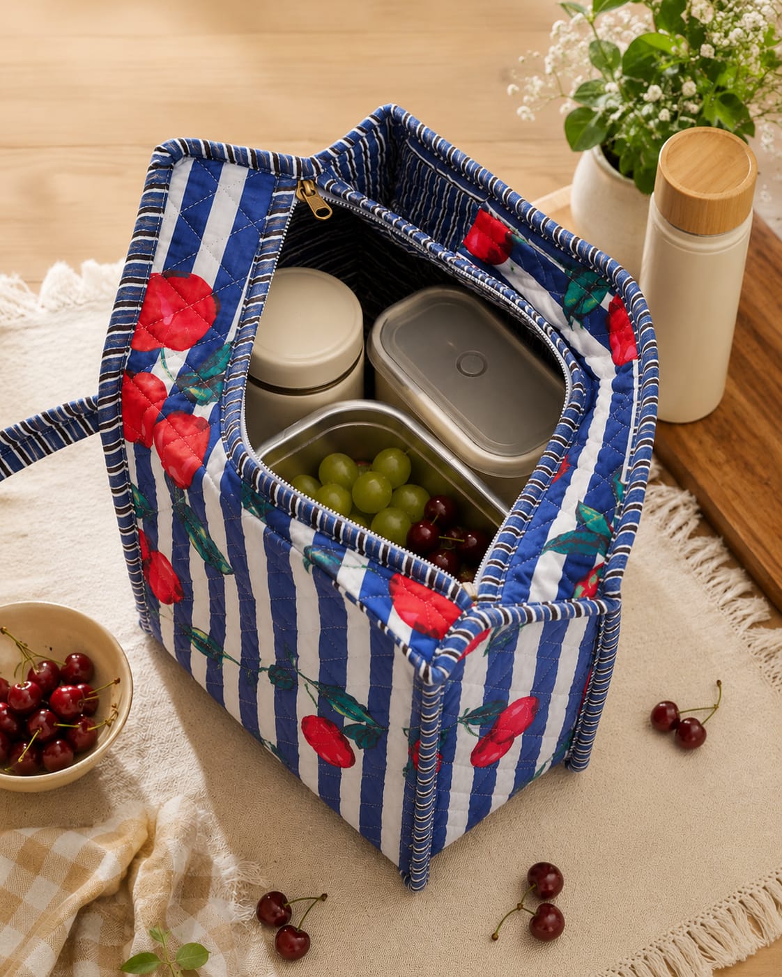 Blue-Stripe Cherry Cotton Quilted Small Tote Bag By Vastra By Monty