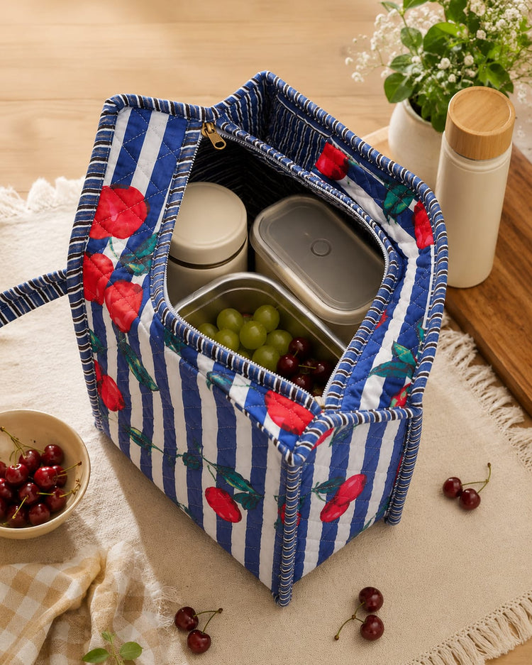 Blue-Stripe Cherry Cotton Quilted Small Tote Bag By Vastra By Monty