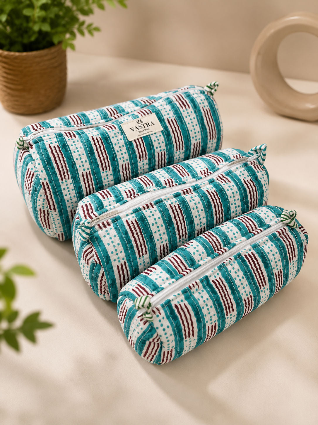 Aqua Stripe Cotton Quilted Pouch