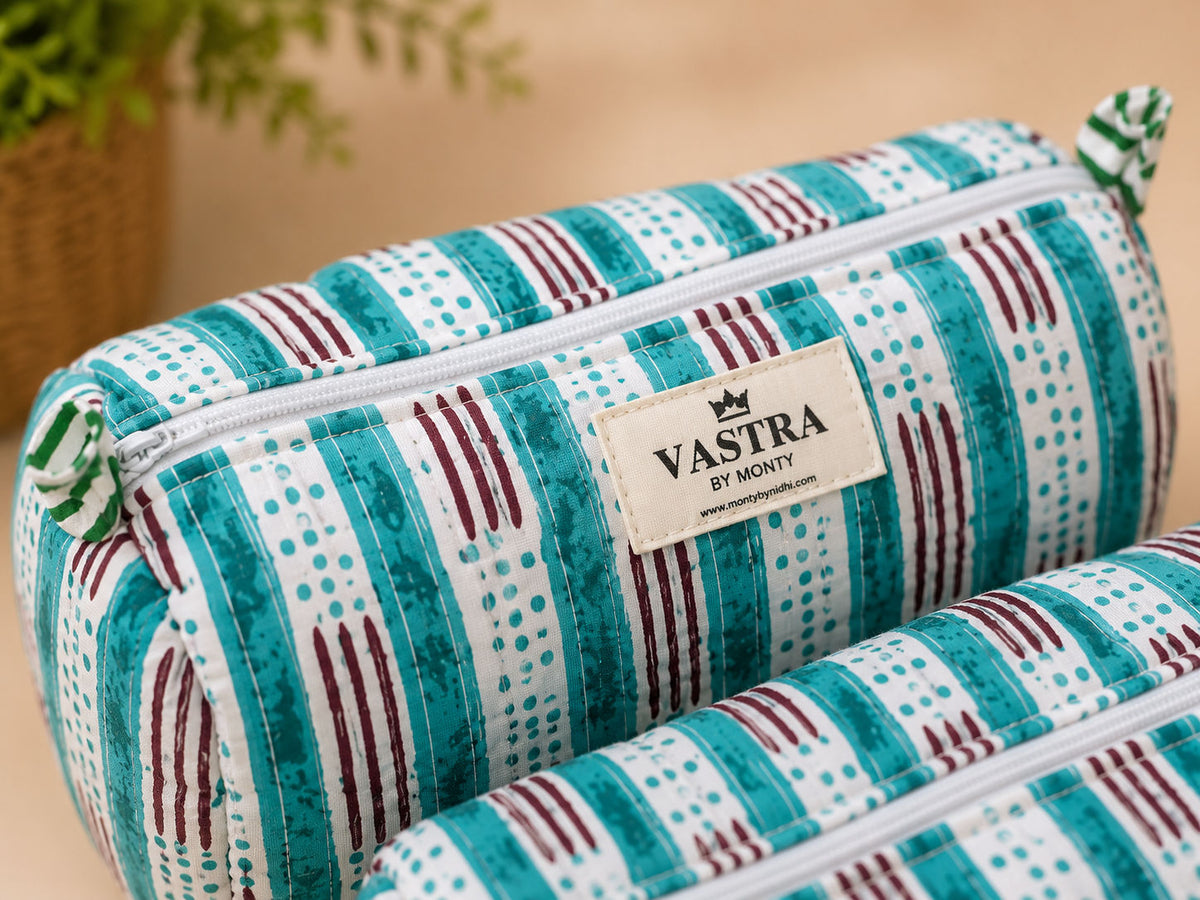 Aqua Stripe Cotton Quilted Pouch