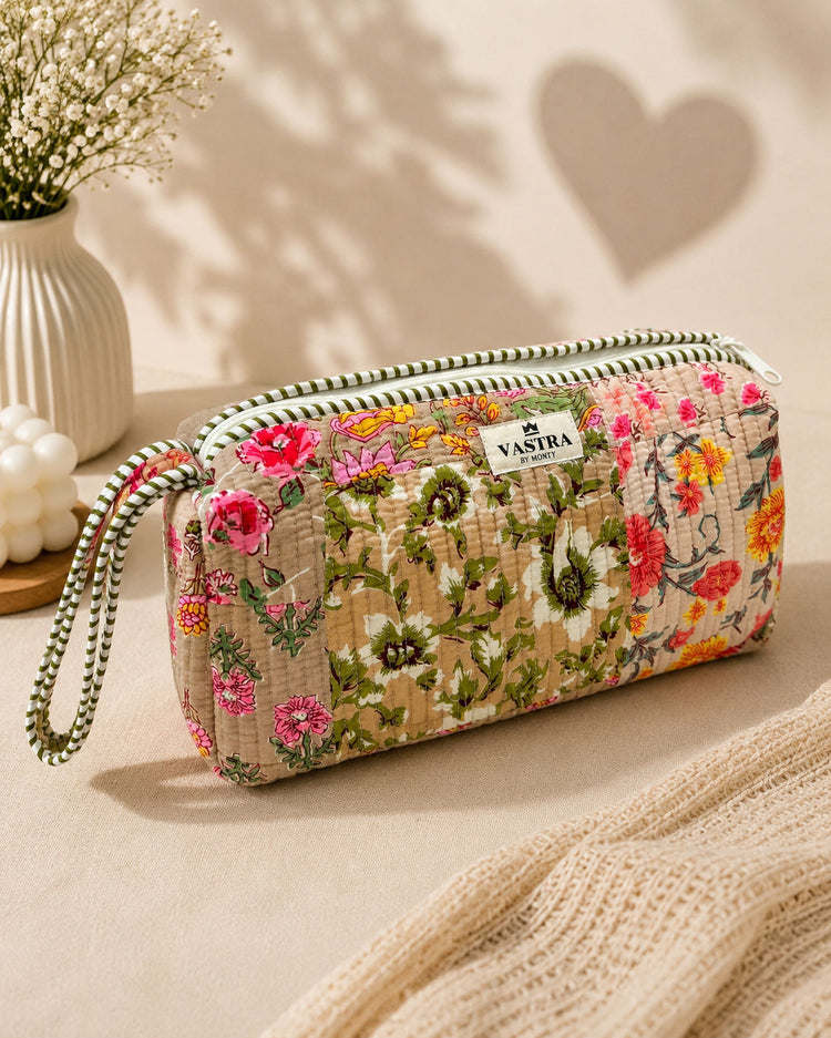 Signature Vanity & Tool Organizer — Beige Blooming Floral Patch Work styling tool Pouch