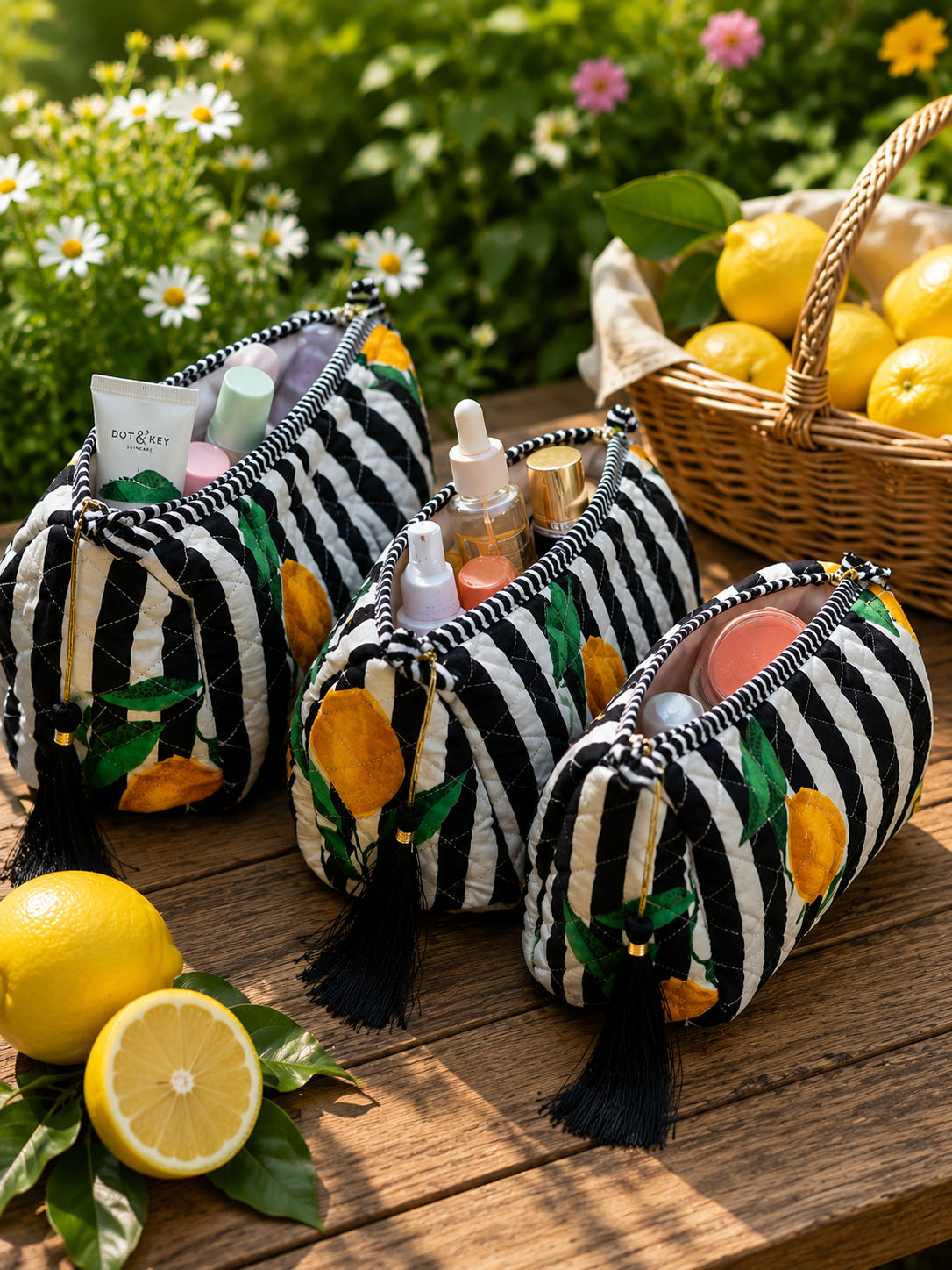 Black-Lemon Cotton Quilted Pouch