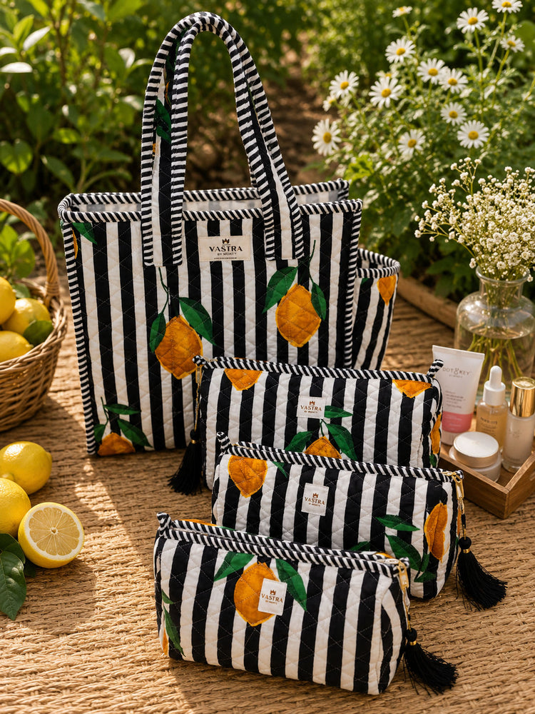 Small Black-Lemon Tote Bag And Pouch Combo