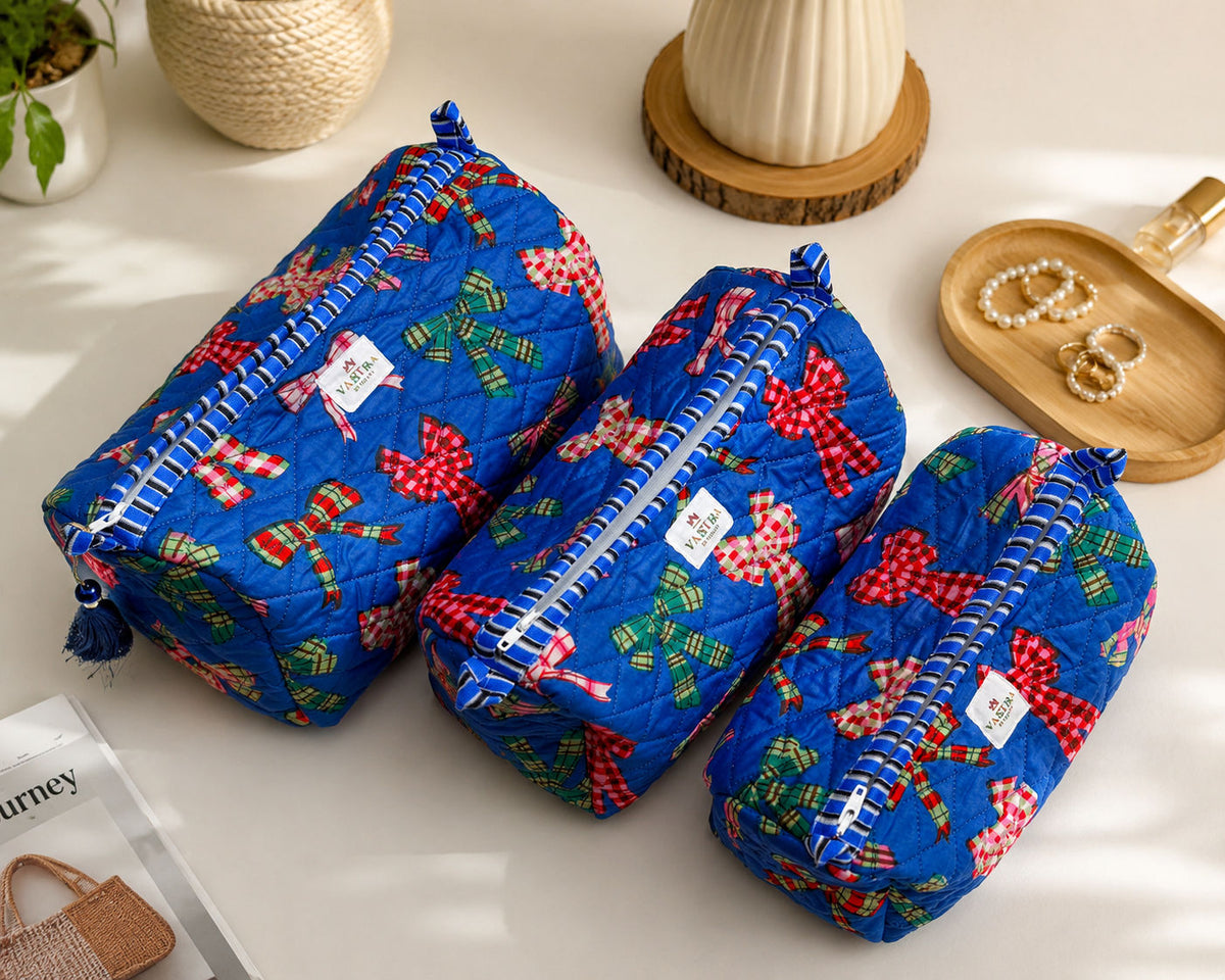 Blue Bow Cotton Quilted Pouch Set With Tassel