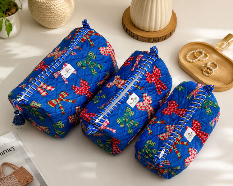 Blue Bow Cotton Quilted Pouch Set With Tassel