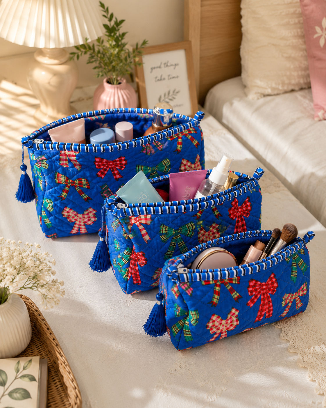 Blue Bow Cotton Quilted Pouch Set With Tassel