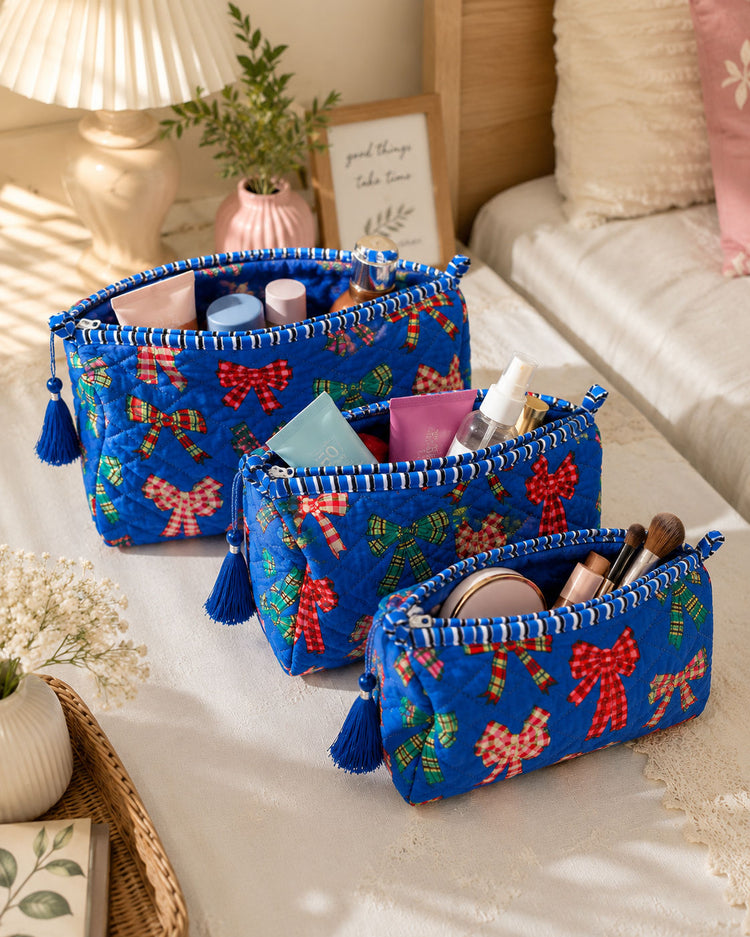 Blue Bow Cotton Quilted Pouch Set With Tassel